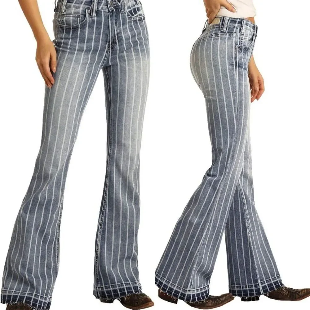 Rock & Roll Denim Women Size 25 High Rise Striped Trousers Bootcut Flare Jeans